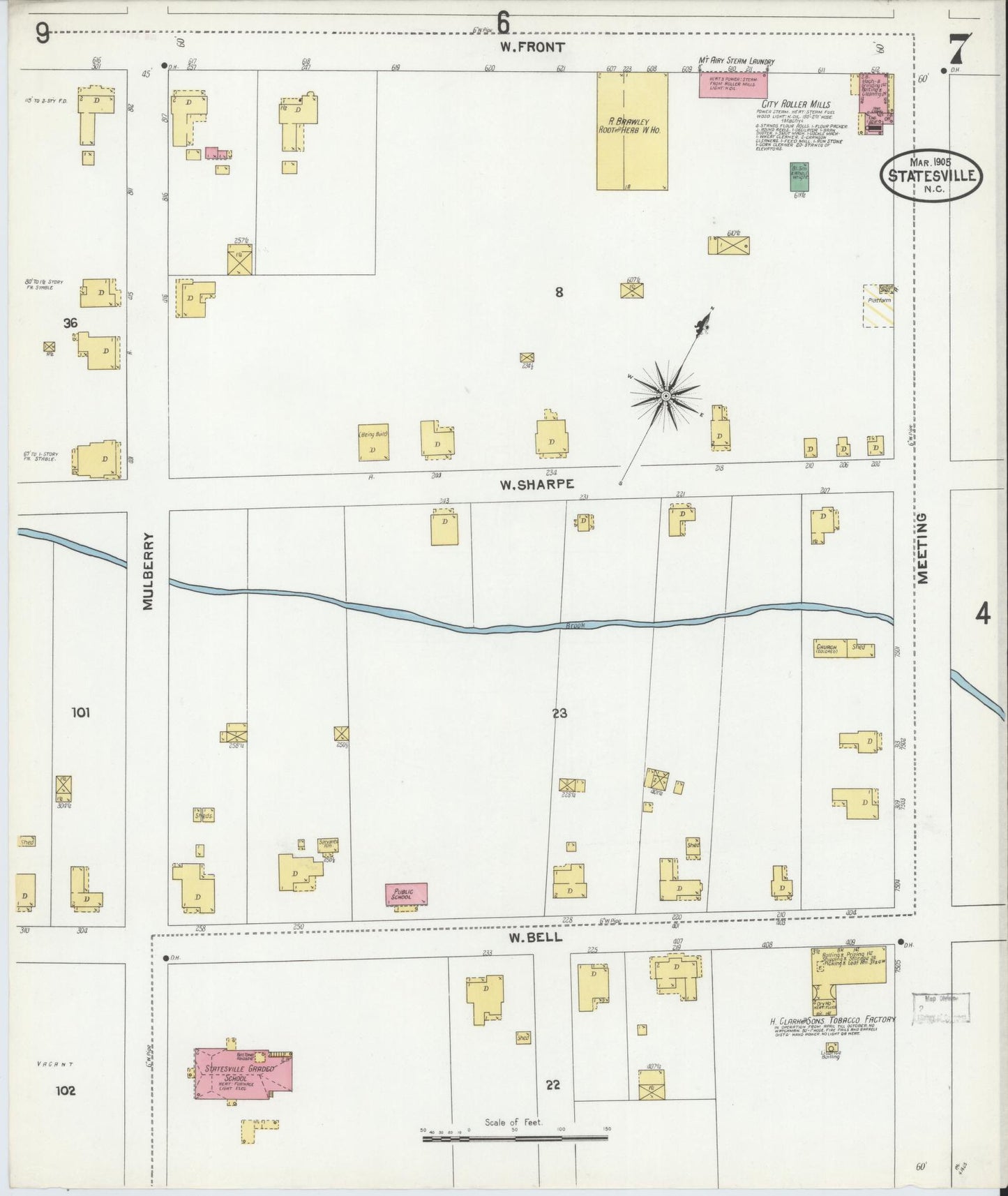 Sanborn Fire Insurance Map from Statesville, Iredell County, North Carolina (1905), Sheet #0007 - Historic Sanborn Fire Insurance Map Print, vintage old map wall art, antique decor, genealogy gift, North Carolina North Carolina map