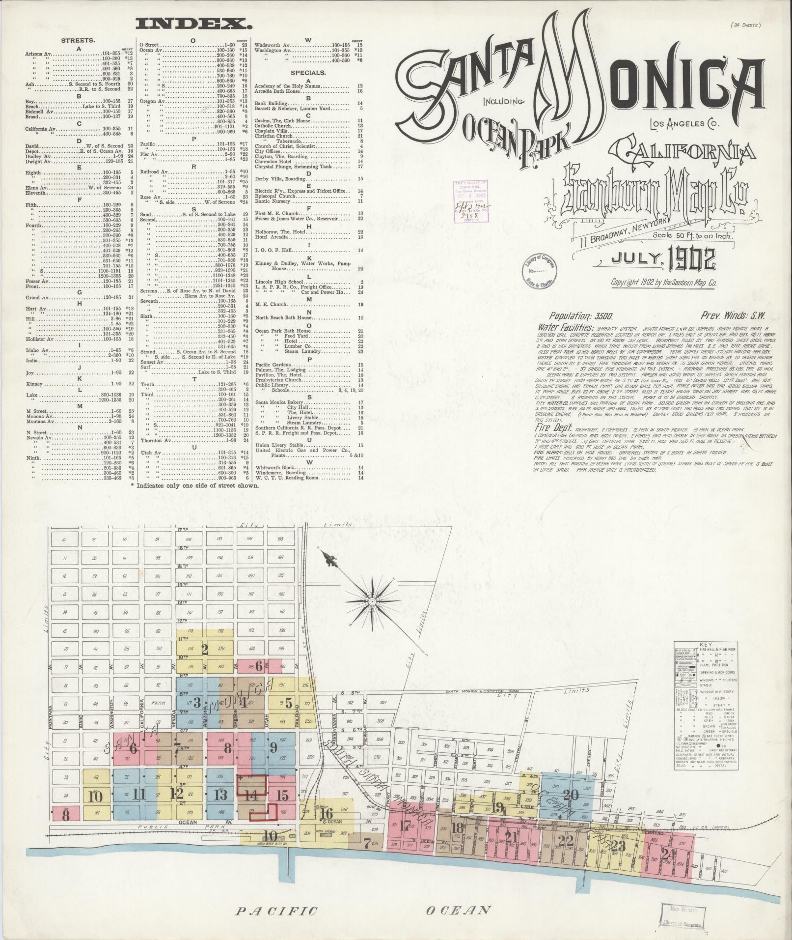Sanborn Fire Insurance Map from Santa Monica, Los Angeles County, California (1902), Sheet #0001 - Complete Map Set gallery image, historic Sanborn map, vintage wall art, California California