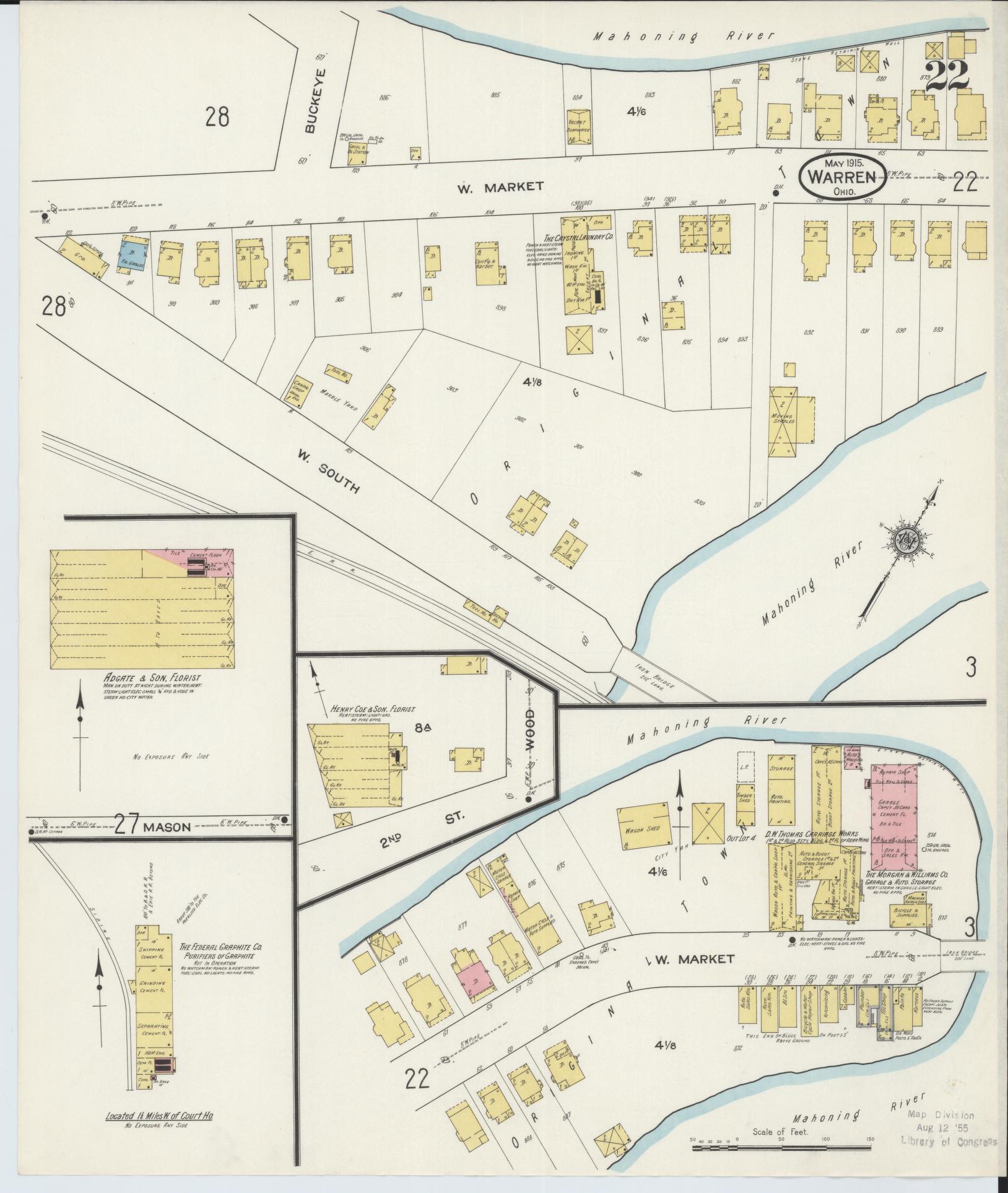 Sanborn Fire Insurance Map from Warren, Trumbull County, Ohio (1915), Sheet #0022 - Historic Sanborn Fire Insurance Map Print, vintage old map wall art, antique decor, genealogy gift, Ohio Ohio map