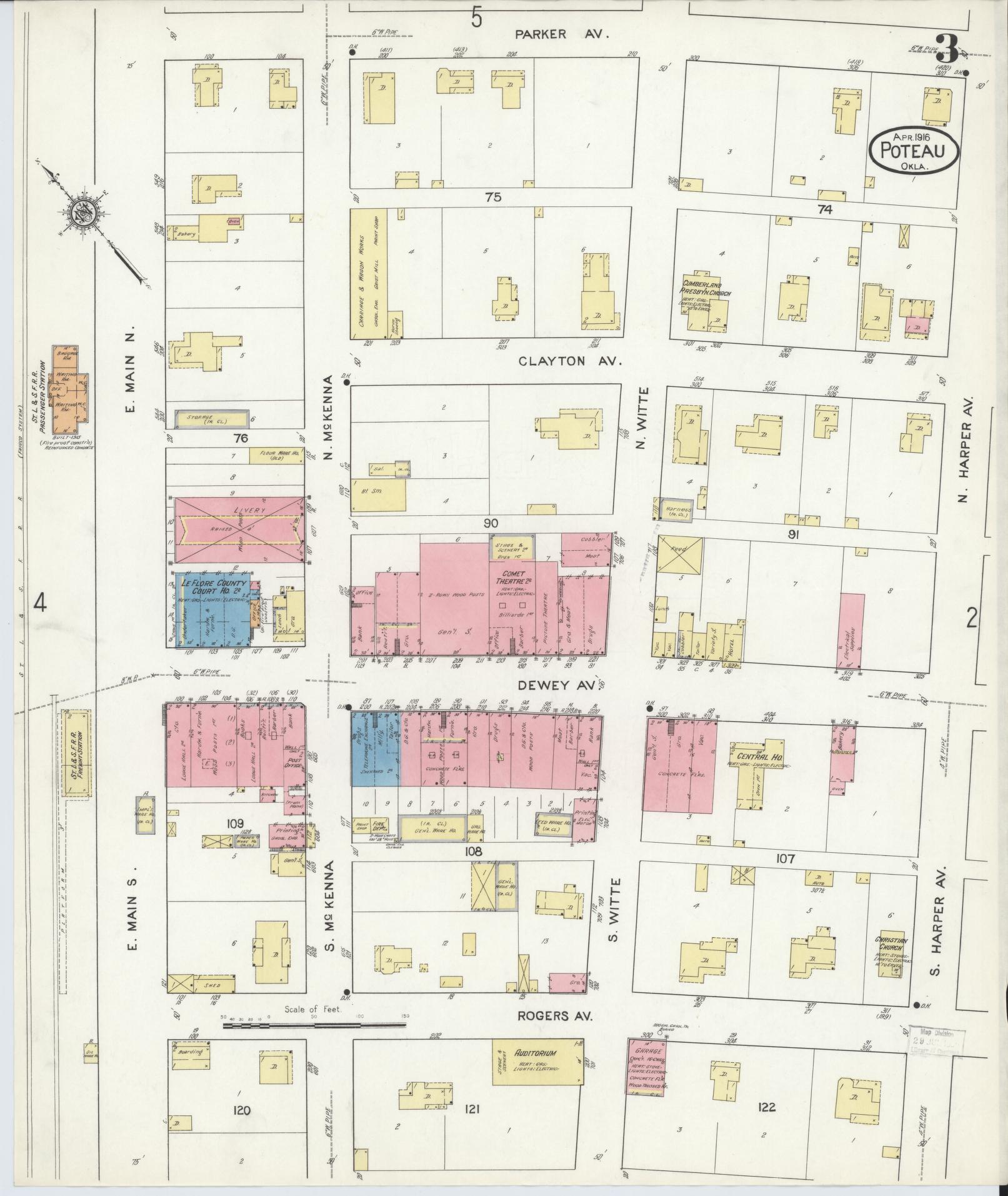 Sanborn Fire Insurance Map from Poteau, Le Flore County, Oklahoma (1916), Sheet #0003 - Complete Map Set gallery image, historic Sanborn map, vintage wall art, Oklahoma Oklahoma