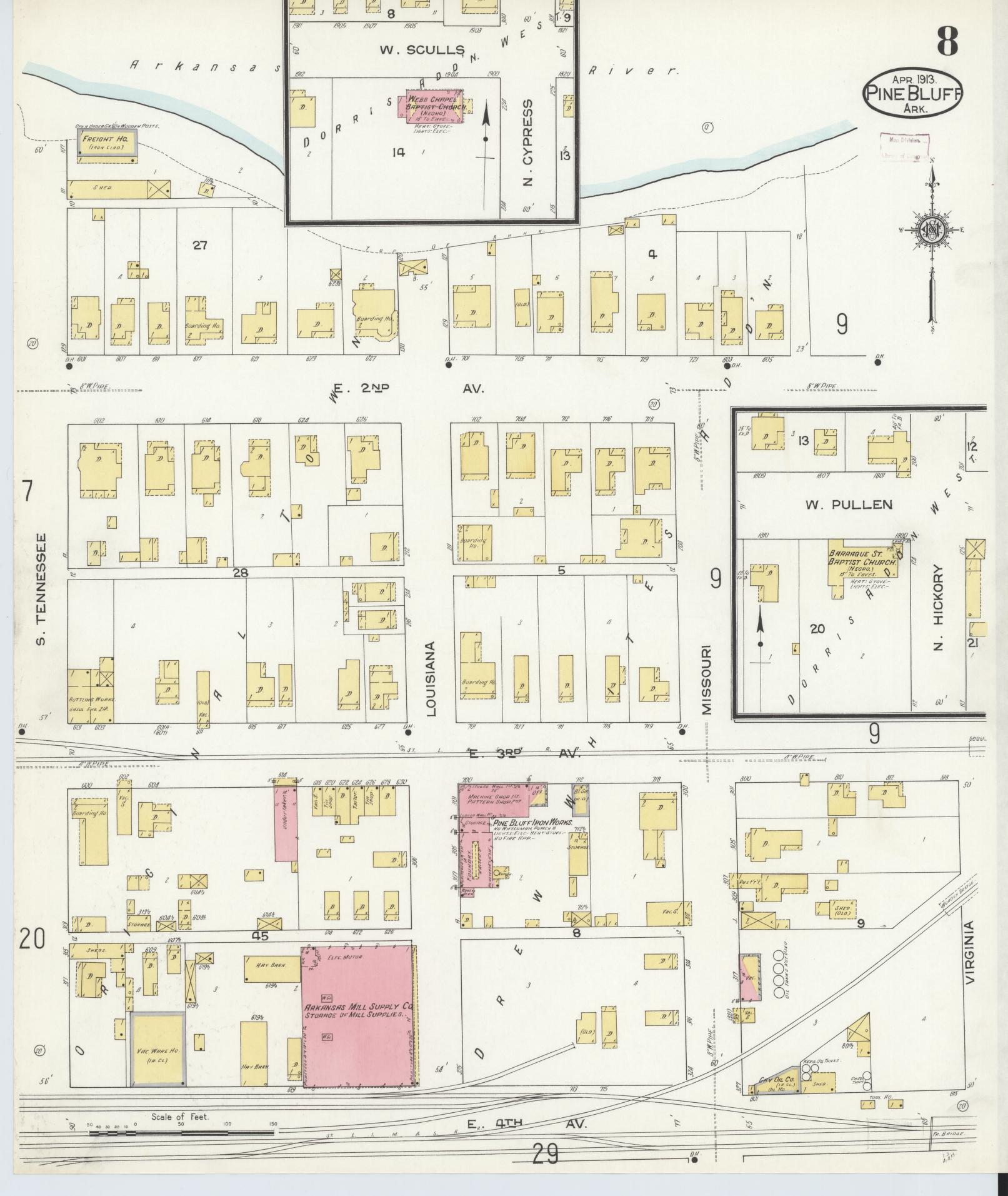 Sanborn Fire Insurance Map from Pine Bluff, Jefferson County, Arkansas (1913), Sheet #0008 - Complete Map Set gallery image, historic Sanborn map, vintage wall art, Arkansas Arkansas