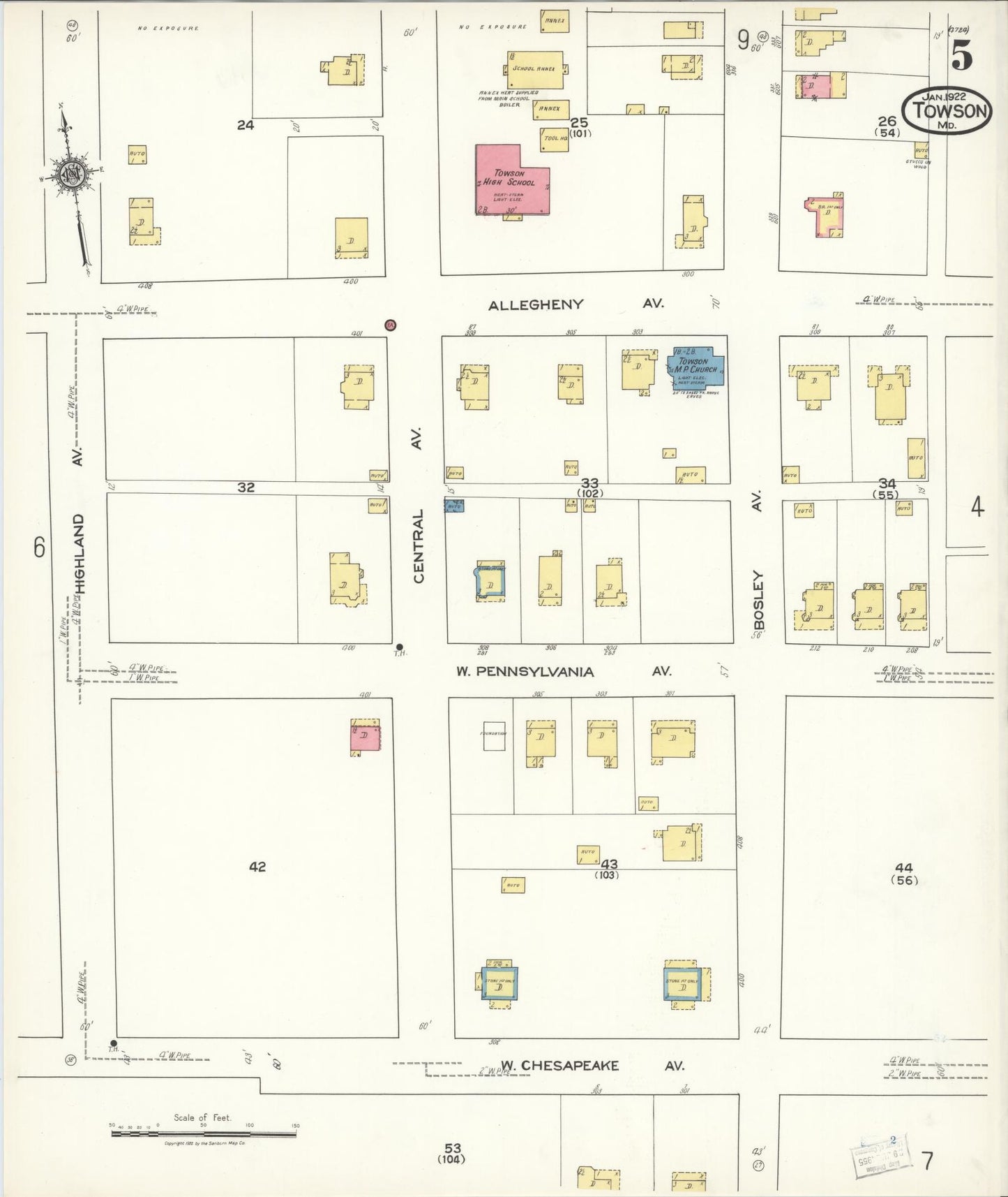 Sanborn Fire Insurance Map from Towson, Baltimore County, Maryland (1922), Sheet #0005 - Historic Sanborn Fire Insurance Map Print, vintage old map wall art