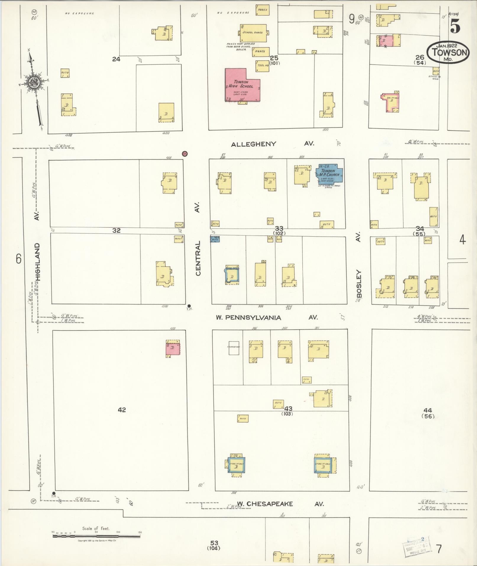 Sanborn Fire Insurance Map from Towson, Baltimore County, Maryland (1922), Sheet #0005 - Historic Sanborn Fire Insurance Map Print, vintage old map wall art