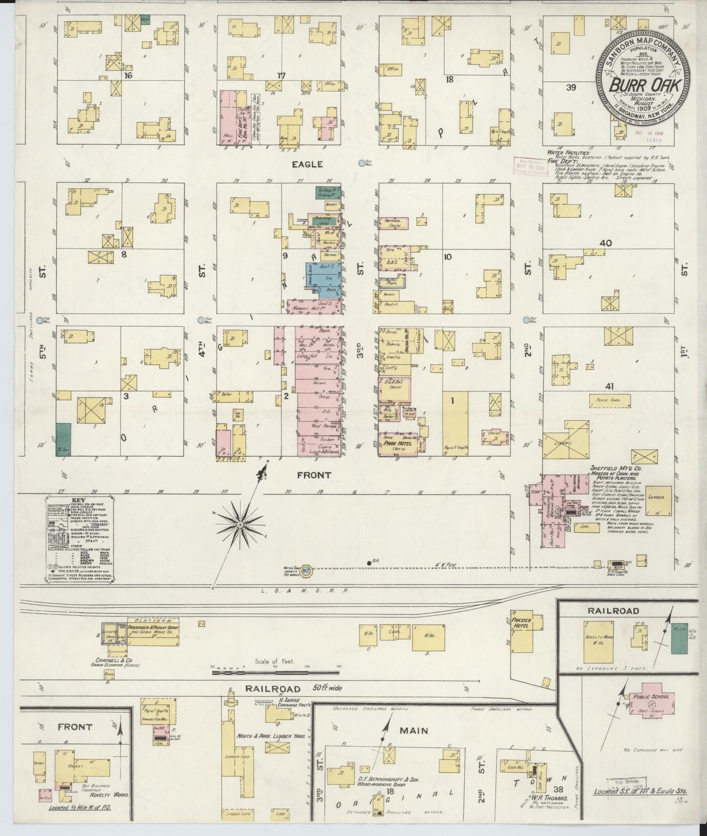 Sanborn Fire Insurance Map from Burr Oak, Saint Joseph County, Michigan (1909), Sheet #0001 - Historic Sanborn Fire Insurance Map Print, vintage old map wall art, antique decor, genealogy gift, Michigan Michigan map
