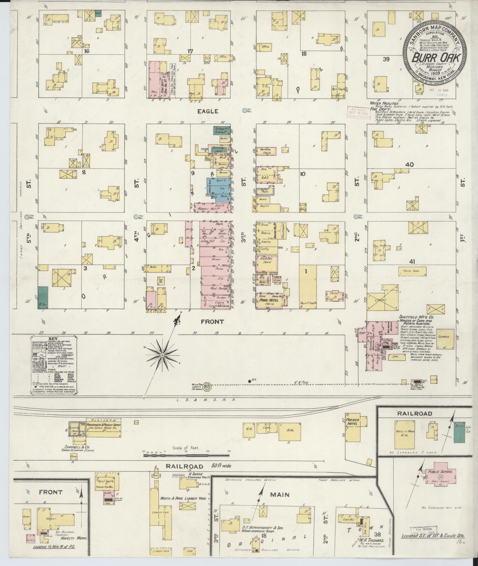 Sanborn Fire Insurance Map from Burr Oak, Saint Joseph County, Michigan (1909), Sheet #0001 - Historic Sanborn Fire Insurance Map Print, vintage old map wall art, antique decor, genealogy gift, Michigan Michigan map