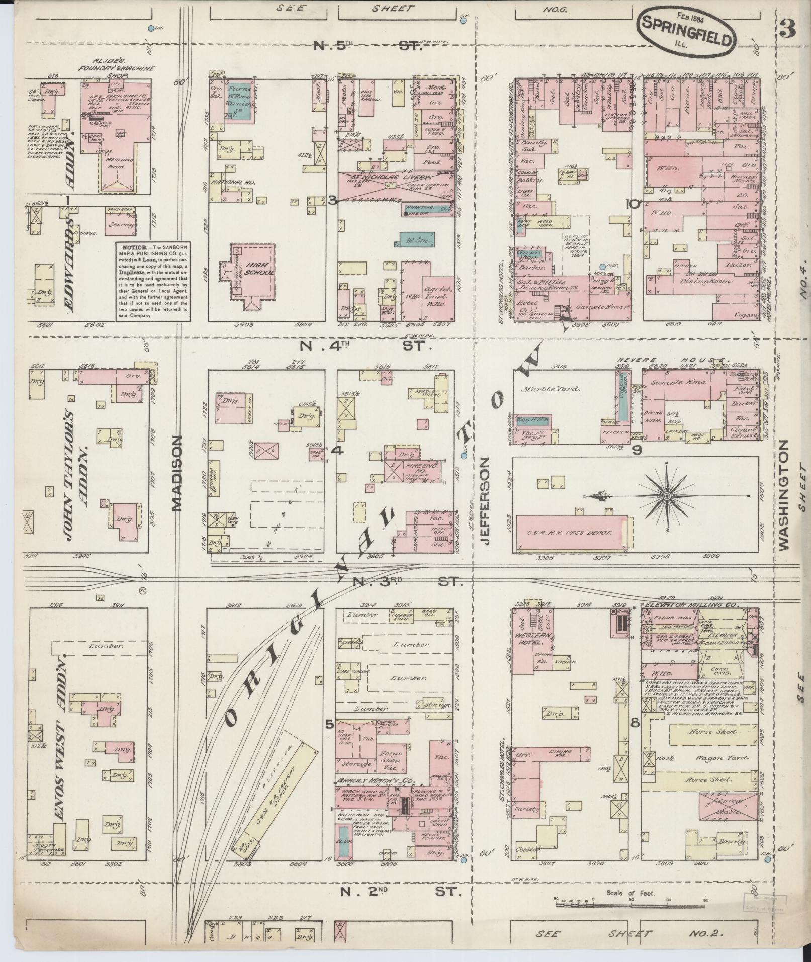 Sanborn Fire Insurance Map from Springfield, Sangamon County, Illinois (1884), Sheet #0003 - Complete Map Set gallery image, historic Sanborn map, vintage wall art, Illinois Illinois