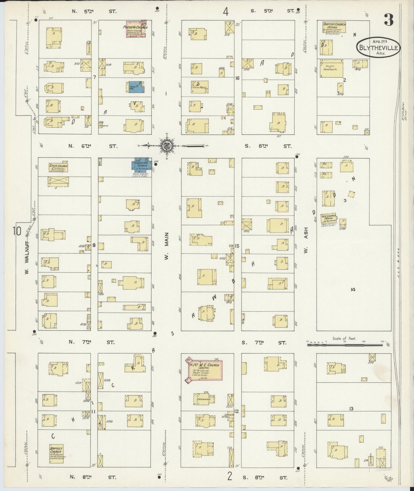 Sanborn Fire Insurance Map from Blytheville, Mississippi County, Arkansas (1913), Sheet #0003 - Historic Sanborn Fire Insurance Map Print, vintage old map wall art, antique decor, genealogy gift, Blytheville Mississippi map