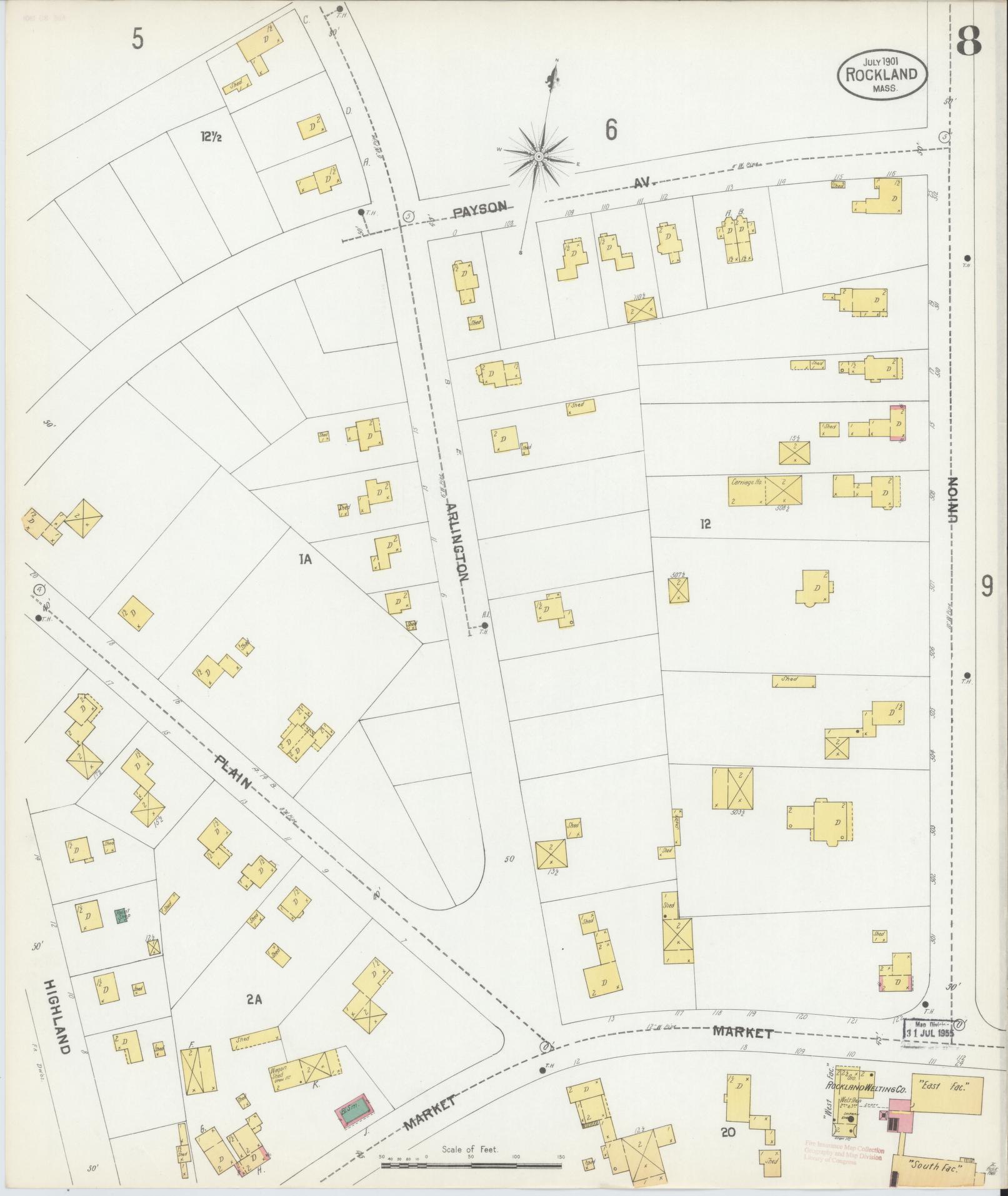 Sanborn Fire Insurance Map from Rockland, Plymouth County, Massachusetts (1901), Sheet #0008 - Complete Map Set gallery image, historic Sanborn map, vintage wall art, Massachusetts Massachusetts