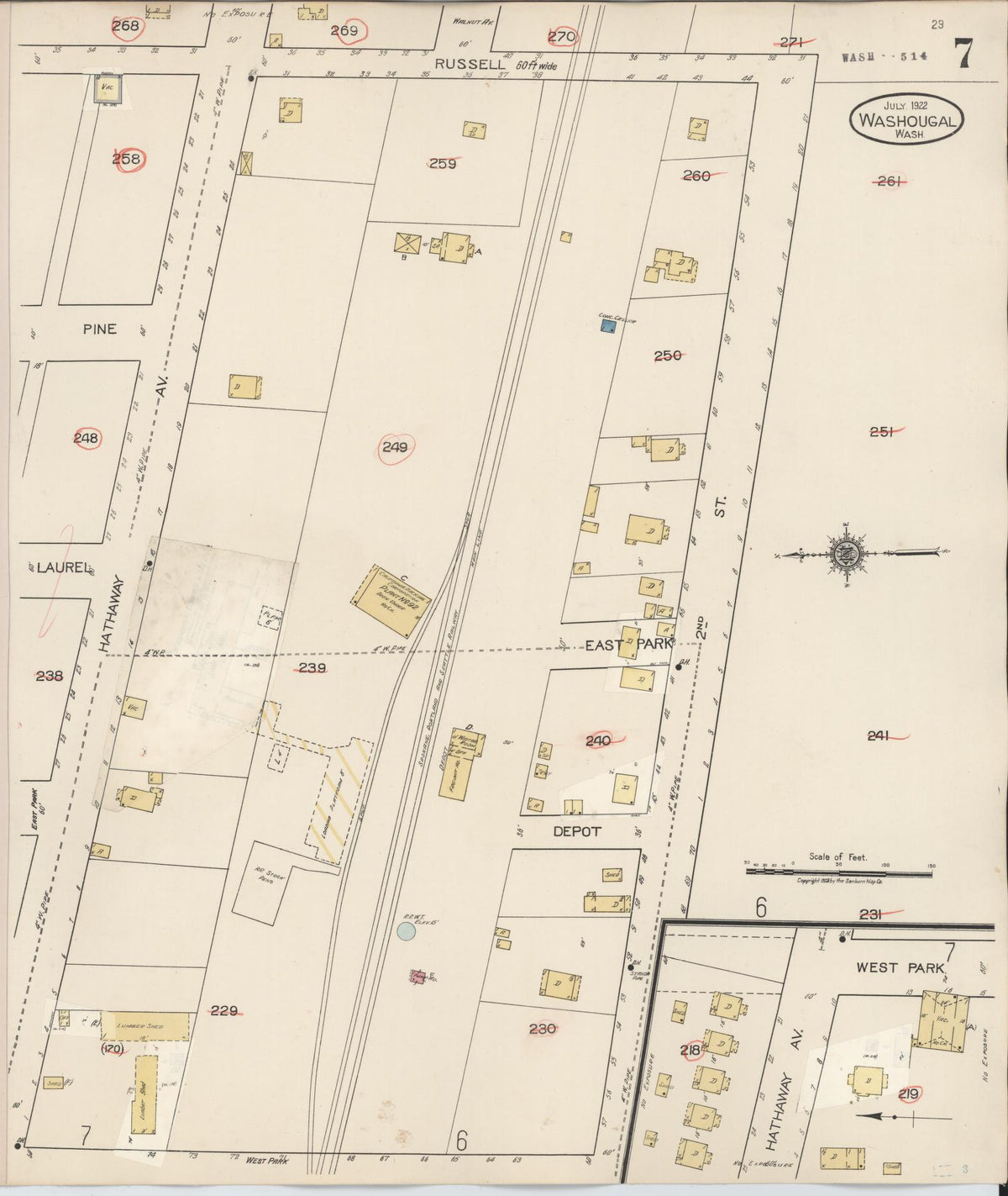 Sanborn Fire Insurance Map from Washougal, Clark County, Washington (1929), Sheet #0007 - Historic Sanborn Fire Insurance Map Print, vintage old map wall art, antique decor, genealogy gift, Washington Washington map