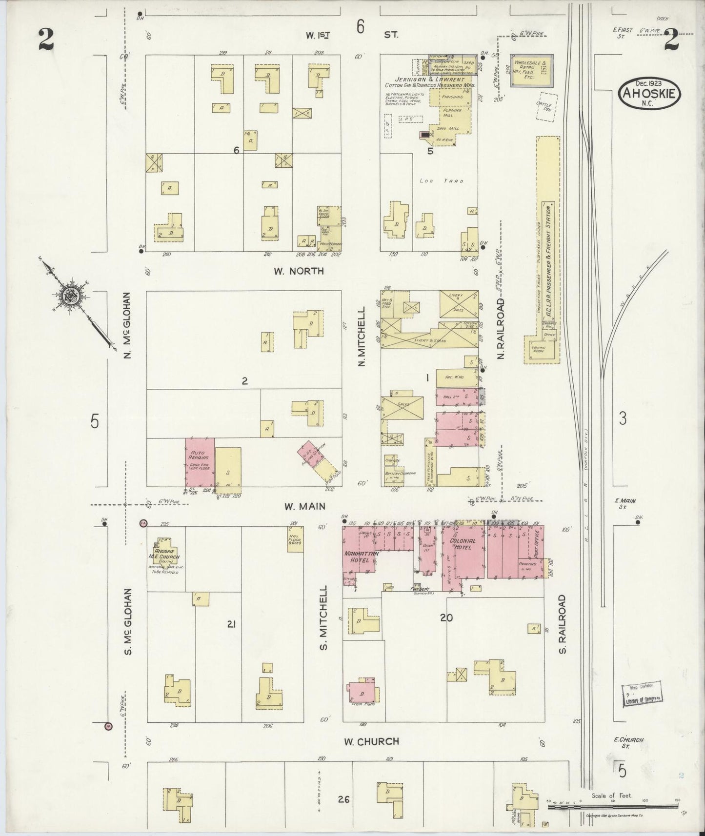 Sanborn Fire Insurance Map from Ahoskie, Hertford County, North Carolina (1923), Sheet #0002 - Historic Sanborn Fire Insurance Map Print, vintage old map wall art, antique decor, genealogy gift, North Carolina North Carolina map
