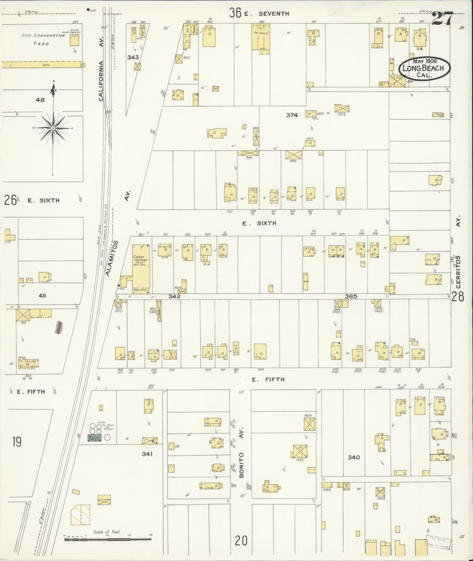 Sanborn Fire Insurance Map from Long Beach, Los Angeles County, California (1908), Sheet #0027 - Historic Sanborn Fire Insurance Map Print, vintage old map wall art, antique decor, genealogy gift, California California map