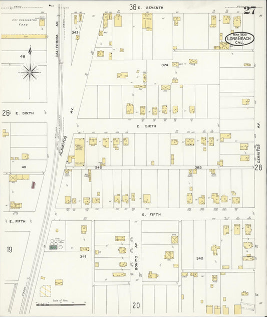 Sanborn Fire Insurance Map from Long Beach, Los Angeles County, California (1908), Sheet #0027 - Historic Sanborn Fire Insurance Map Print, vintage old map wall art, antique decor, genealogy gift, California California map