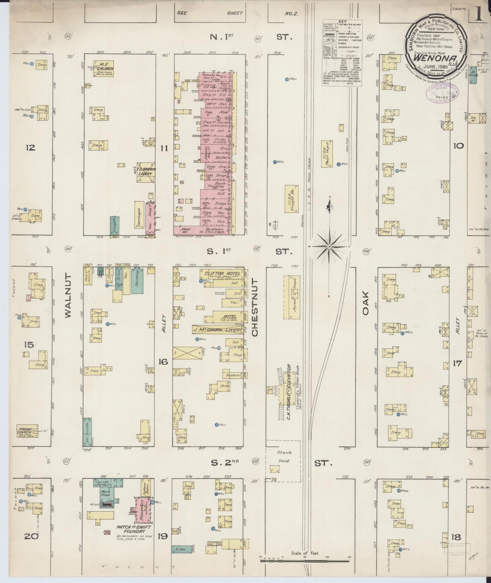 Sanborn Fire Insurance Map from Wenona, Marshall County, Illinois (1885), Sheet #0001 - Historic Sanborn Fire Insurance Map Print, vintage old map wall art, antique decor, genealogy gift, Illinois Illinois map