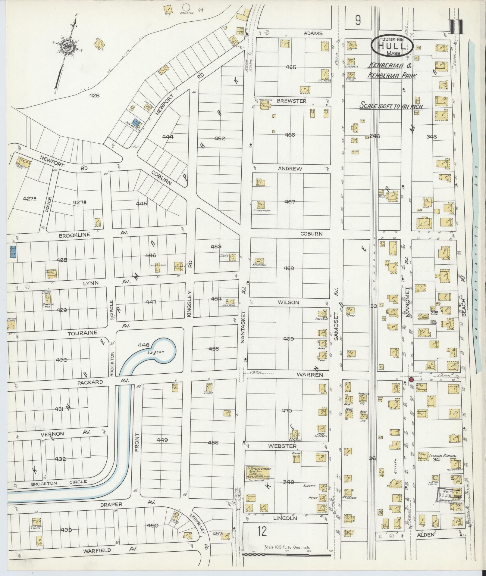 Sanborn Fire Insurance Map from Hull, Plymouth County, Massachusetts (1916), Sheet #0011 - Historic Sanborn Fire Insurance Map Print, vintage old map wall art, antique decor, genealogy gift, Massachusetts Massachusetts map
