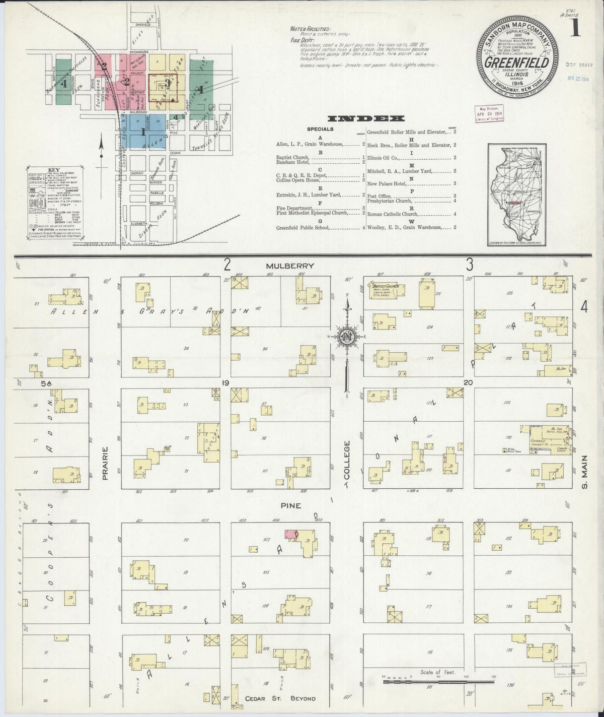 Sanborn Fire Insurance Map from Greenfield, Greene County, Illinois (1914), Sheet #0001 - Historic Sanborn Fire Insurance Map Print, vintage old map wall art, antique decor, genealogy gift, Illinois Illinois map