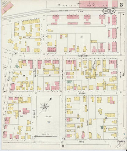 Sanborn Fire Insurance Map from Chicopee, Hampden County, Massachusetts (1896), Sheet #0003 - Historic Sanborn Fire Insurance Map Print, vintage old map wall art, antique decor, genealogy gift, Massachusetts Massachusetts map