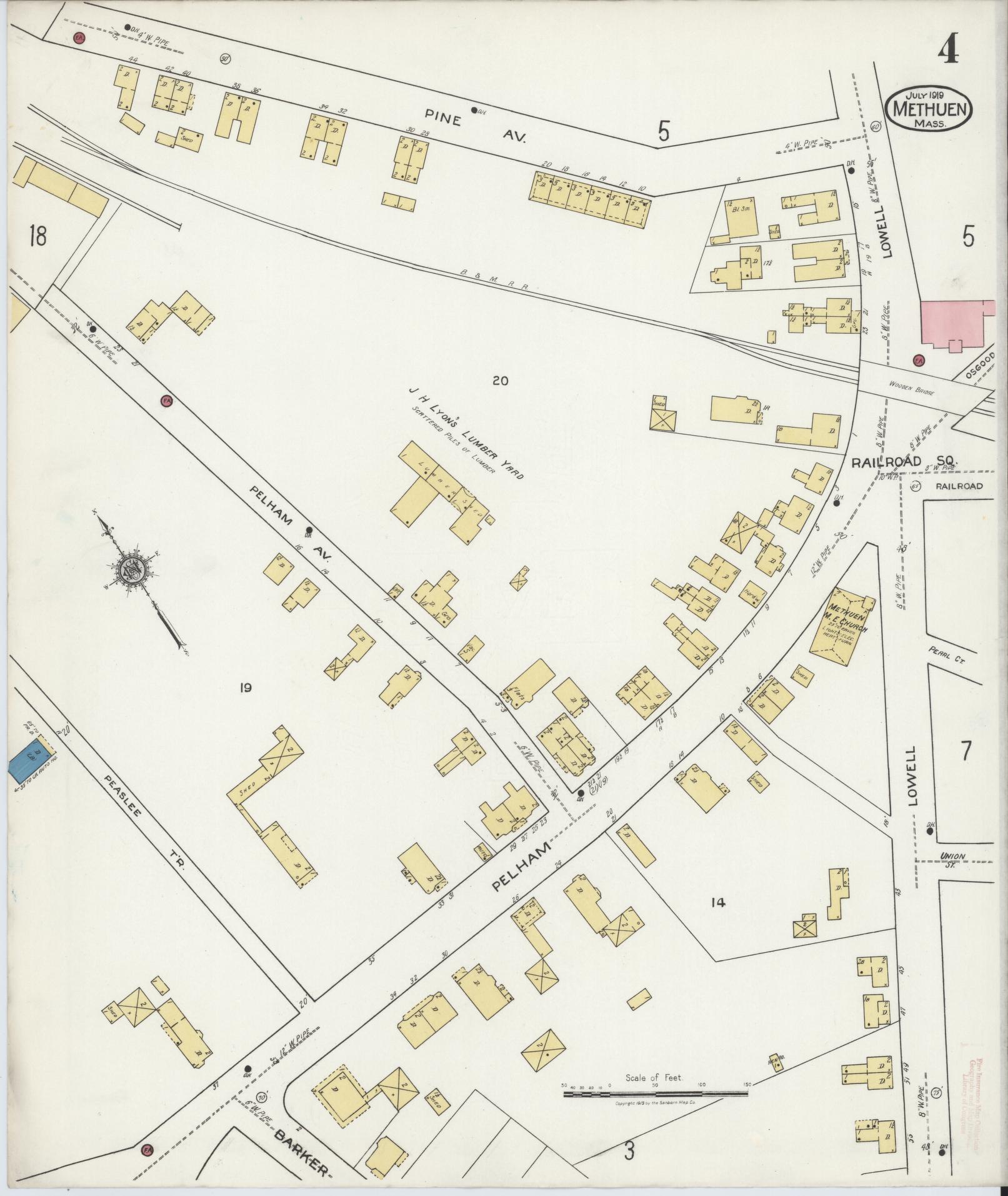 Sanborn Fire Insurance Map from Methuen, Essex County, Massachusetts (1919), Sheet #0004 - Historic Sanborn Fire Insurance Map Print, vintage old map wall art, antique decor, genealogy gift, Massachusetts Massachusetts map