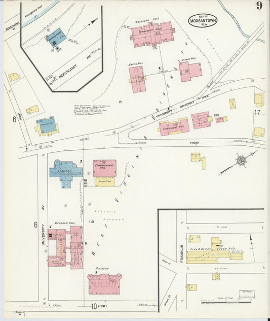 Sanborn Fire Insurance Map from Morgantown, Monongalia County, West Virginia (1911), Sheet #0009 - Historic Sanborn Fire Insurance Map Print, vintage old map wall art, antique decor, genealogy gift, West Virginia West Virginia map
