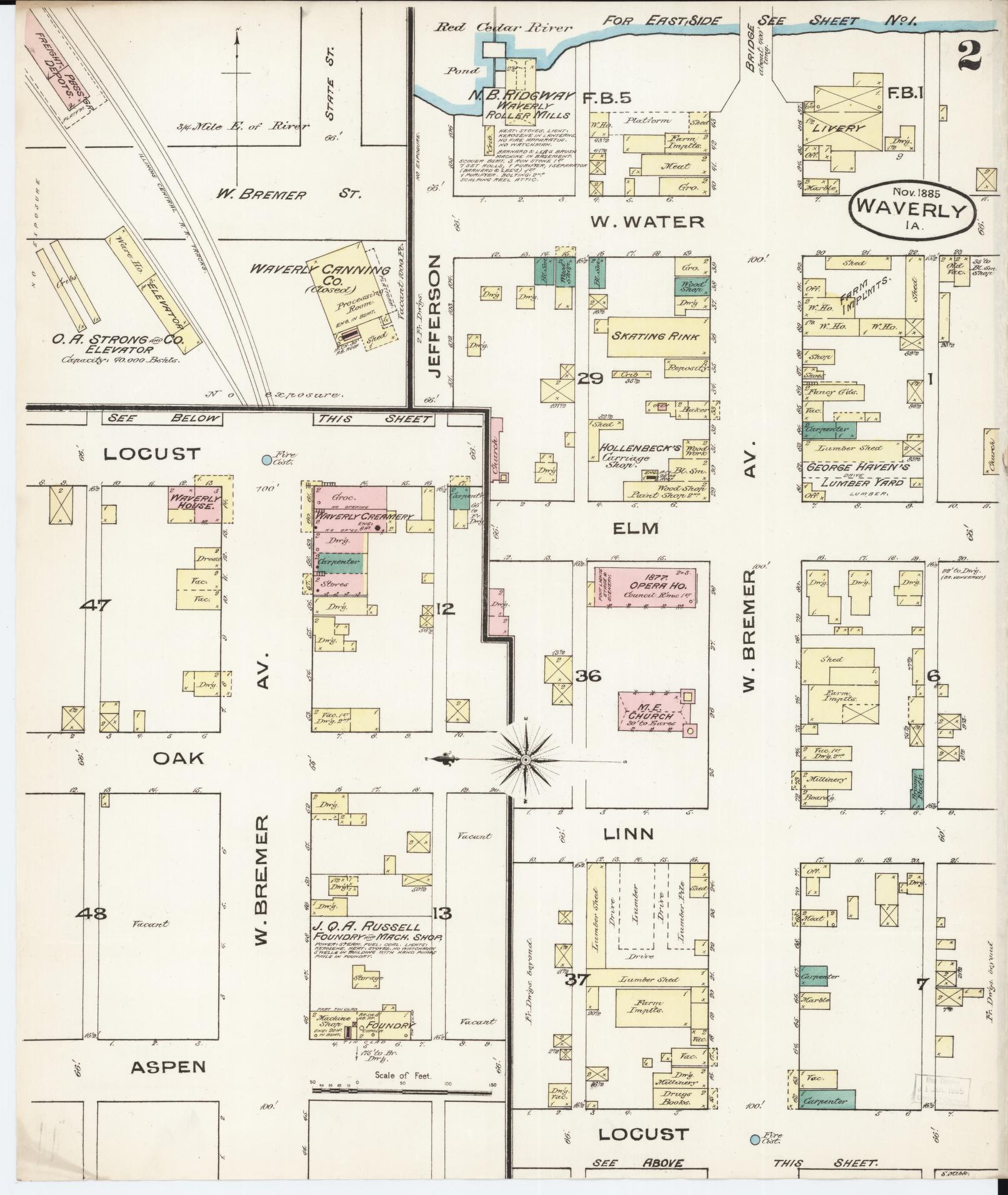 Sanborn Fire Insurance Map from Waverly, Bremer County, Iowa (1885), Sheet #0002 - Historic Sanborn Fire Insurance Map Print, vintage old map wall art
