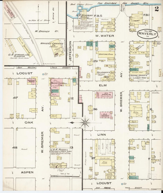 Sanborn Fire Insurance Map from Waverly, Bremer County, Iowa (1885), Sheet #0002 - Historic Sanborn Fire Insurance Map Print, vintage old map wall art