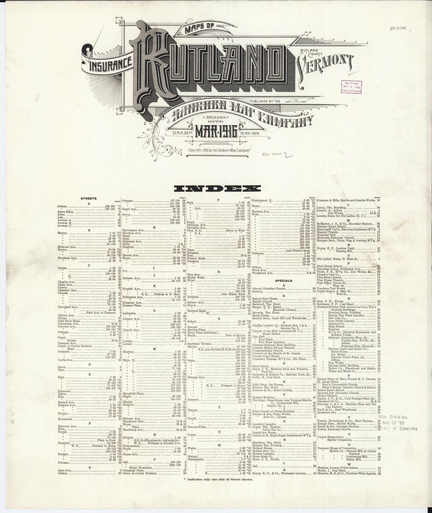 Sanborn Fire Insurance Map from Rutland, Rutland County, Vermont. (1916) – Historic Sanborn Fire Insurance Map Print