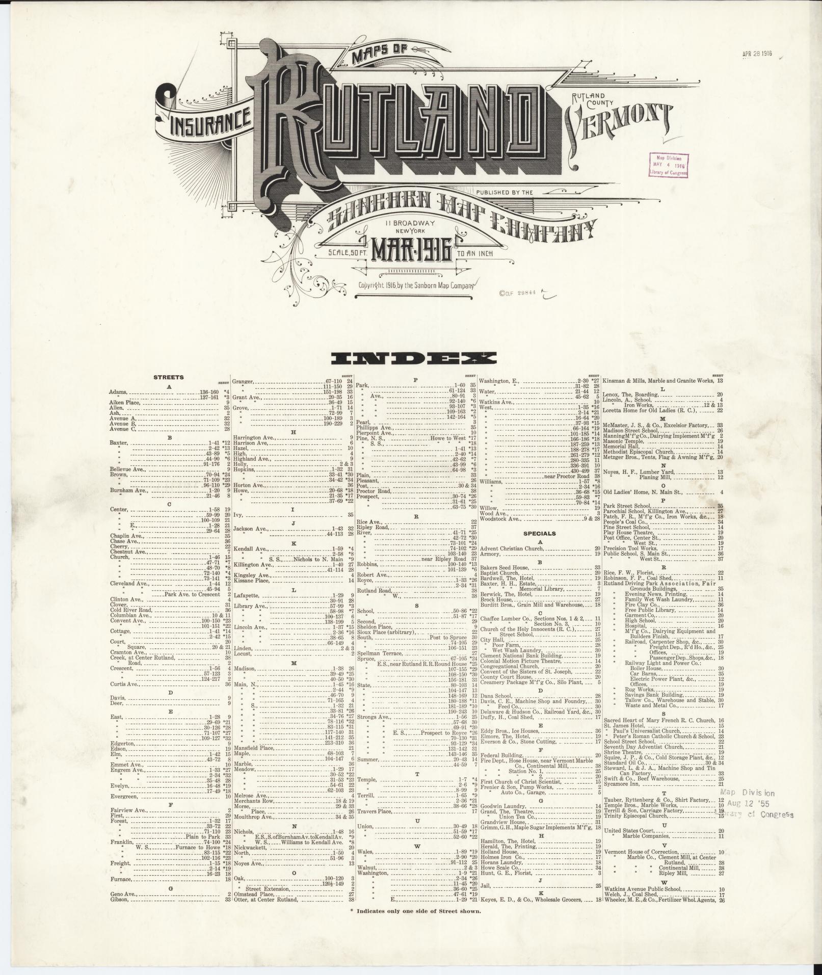 Sanborn Fire Insurance Map from Rutland, Rutland County, Vermont. (1916) – Historic Sanborn Fire Insurance Map Print