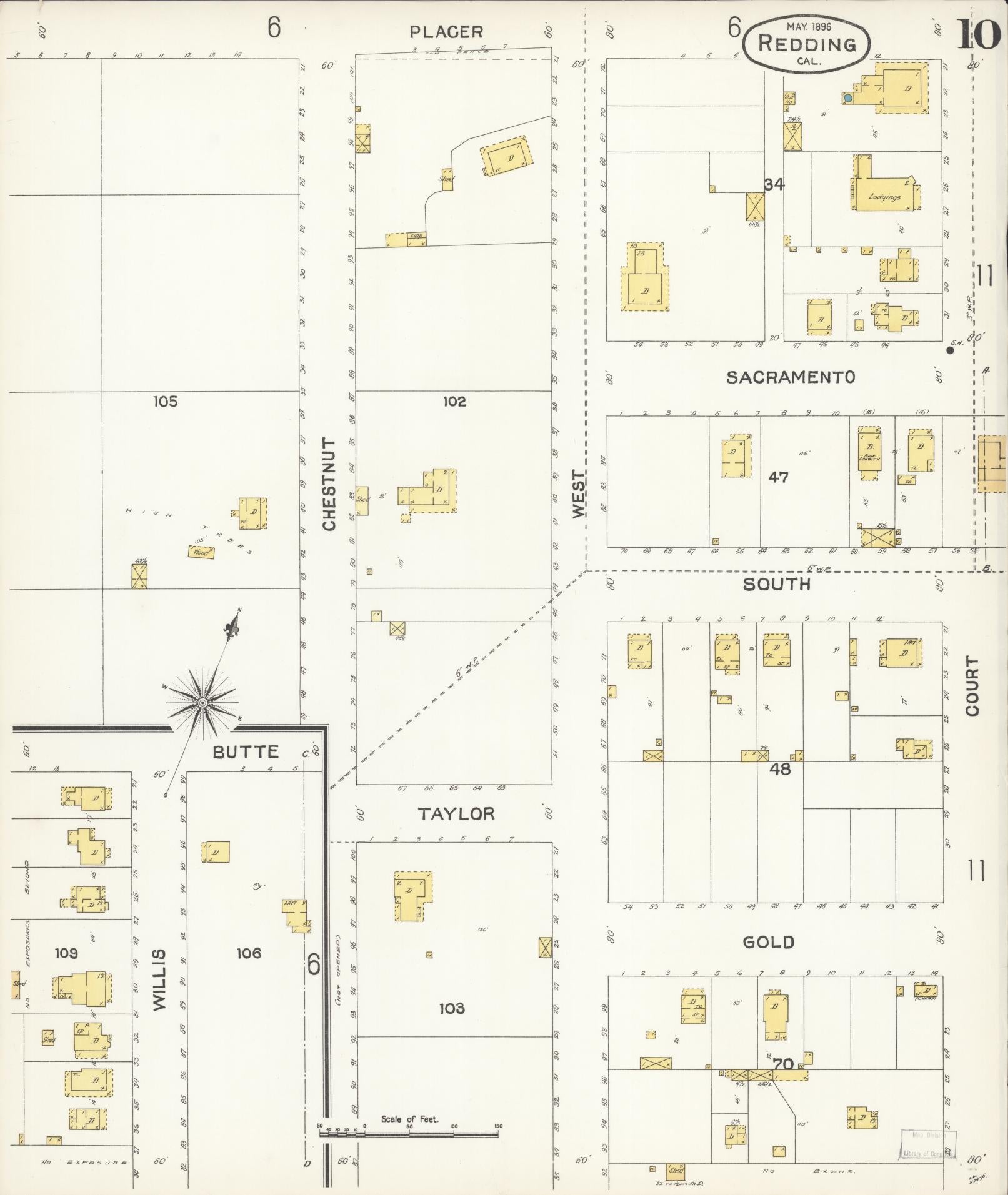 Sanborn Fire Insurance Map from Redding, Shasta County, California (1896), Sheet #0010 - Complete Map Set gallery image, historic Sanborn map, vintage wall art, California California