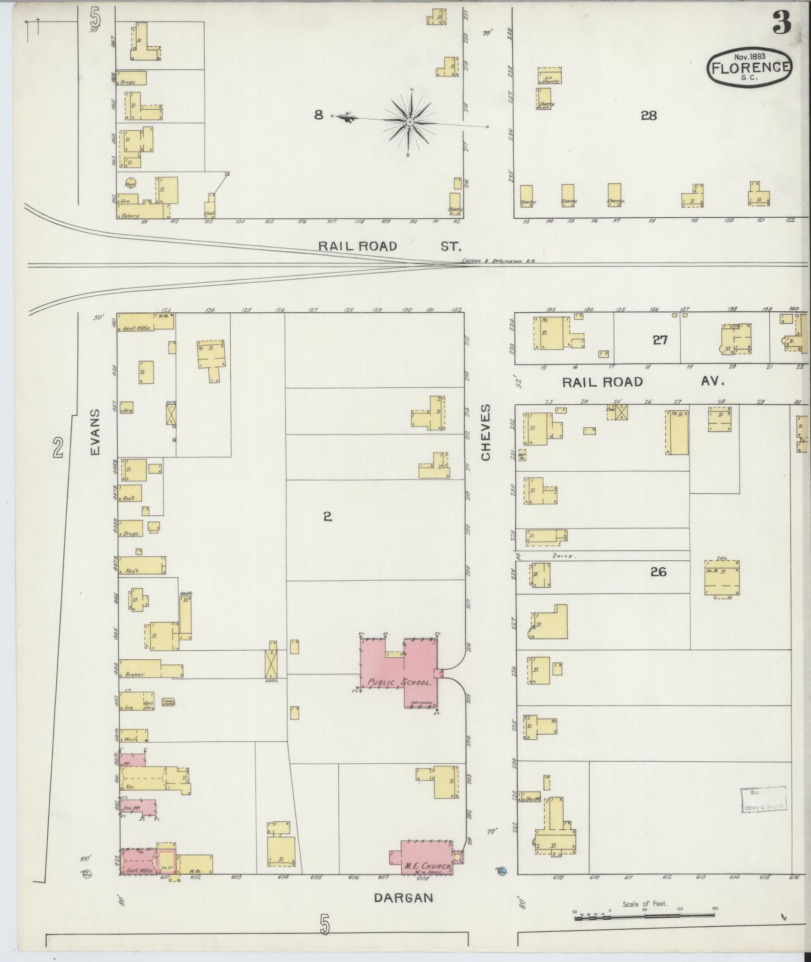 Sanborn Fire Insurance Map from Florence, Florence County, South Carolina (1893), Sheet #0003 - Historic Sanborn Fire Insurance Map Print, vintage old map wall art, antique decor, genealogy gift, South Carolina South Carolina map