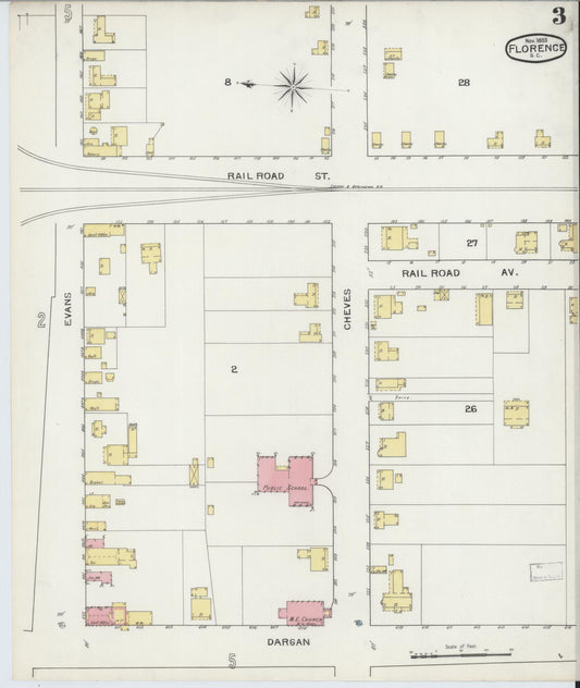 Sanborn Fire Insurance Map from Florence, Florence County, South Carolina (1893), Sheet #0003 - Historic Sanborn Fire Insurance Map Print, vintage old map wall art, antique decor, genealogy gift, South Carolina South Carolina map