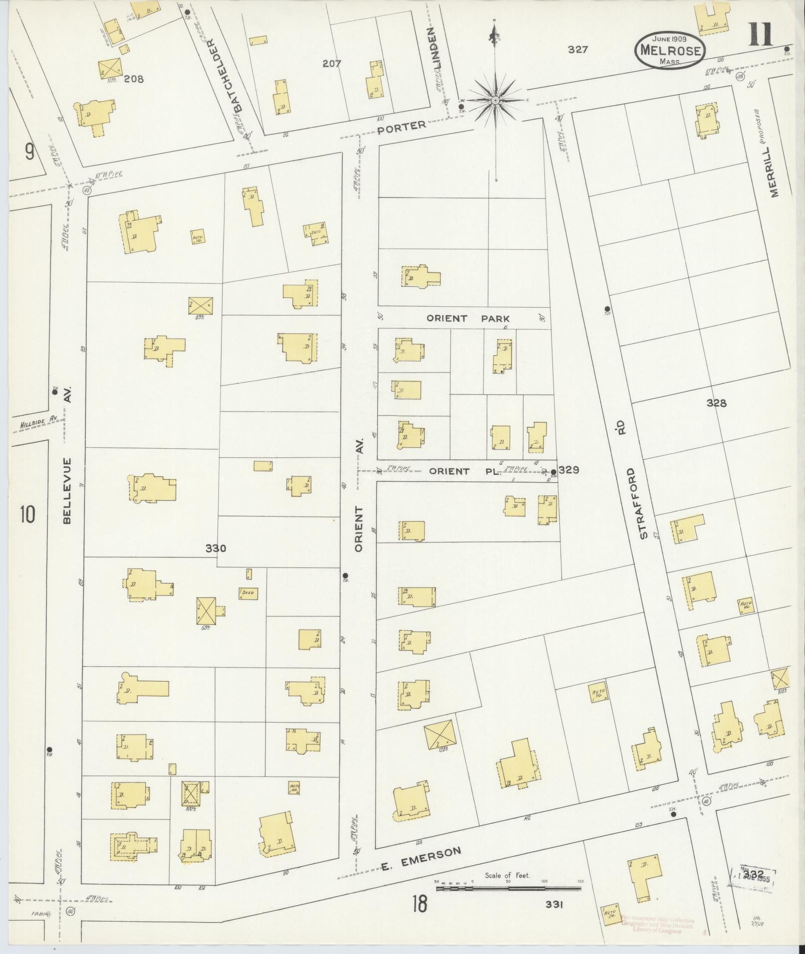 Sanborn Fire Insurance Map from Melrose, Middlesex County, Massachusetts (1909), Sheet #0011 - Historic Sanborn Fire Insurance Map Print, vintage old map wall art, antique decor, genealogy gift, Massachusetts Massachusetts map