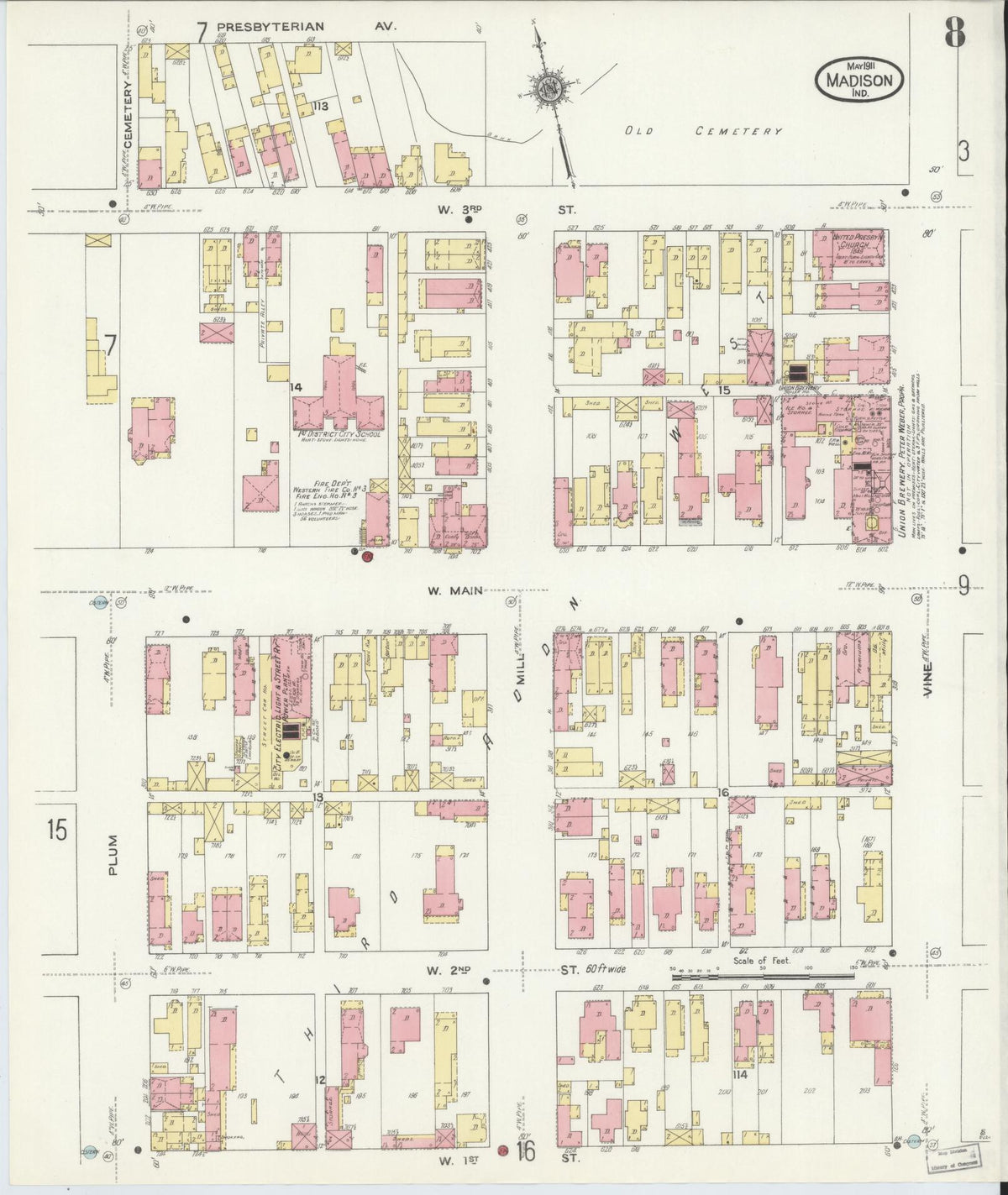 Sanborn Fire Insurance Map from Madison, Jefferson County, Indiana (1911), Sheet #0008 - Historic Sanborn Fire Insurance Map Print, vintage old map wall art, antique decor, genealogy gift, Indiana Indiana map