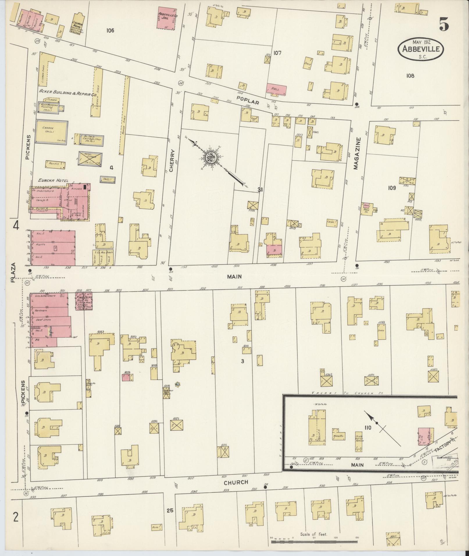 Sanborn Fire Insurance Map from Abbeville, Abbeville County, South Carolina (1912), Sheet #0005 - Complete Map Set gallery image, historic Sanborn map, vintage wall art, South Carolina South Carolina