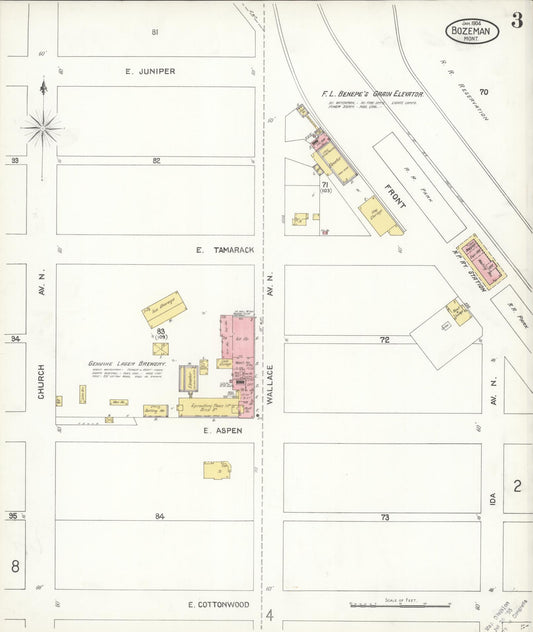 Sanborn Fire Insurance Map from Bozeman, Gallatin County, Montana (1904), Sheet #0003 - Historic Sanborn Fire Insurance Map Print, vintage old map wall art, antique decor, genealogy gift, Montana Montana map