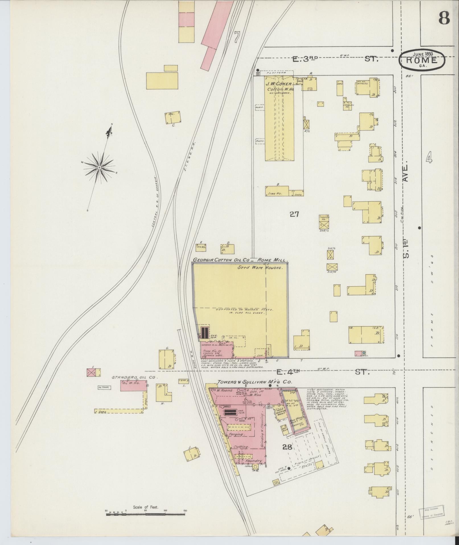 Sanborn Fire Insurance Map from Rome, Floyd County, Georgia (1893), Sheet #0008 - Historic Sanborn Fire Insurance Map Print, vintage old map wall art, antique decor, genealogy gift, Georgia Georgia map
