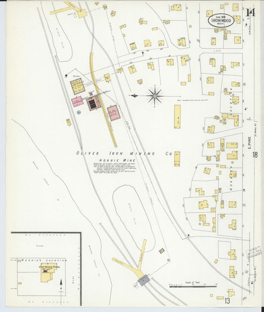 Sanborn Fire Insurance Map from Ironwood, Gogebic County, Michigan (1908), Sheet #0014 - Historic Sanborn Fire Insurance Map Print, vintage old map wall art, antique decor, genealogy gift, Michigan Michigan map