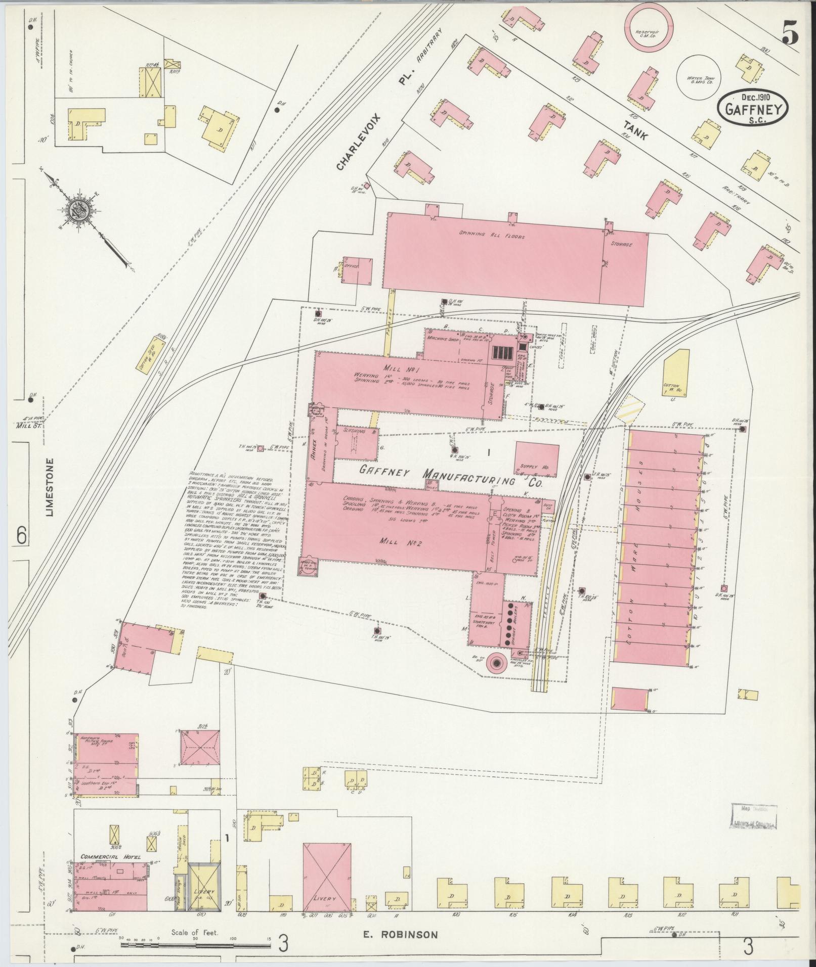 Sanborn Fire Insurance Map from Gaffney, Cherokee County, South Carolina (1910), Sheet #0005 - Historic Sanborn Fire Insurance Map Print, vintage old map wall art, antique decor, genealogy gift, South Carolina South Carolina map