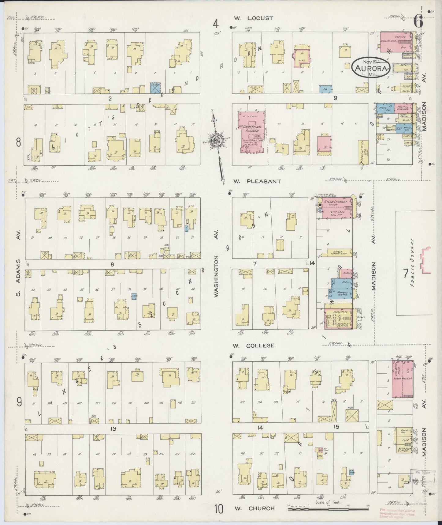 Sanborn Fire Insurance Map from Aurora, Lawrence County, Missouri (1914), Sheet #0006 - Complete Map Set gallery image, historic Sanborn map, vintage wall art, Missouri Missouri