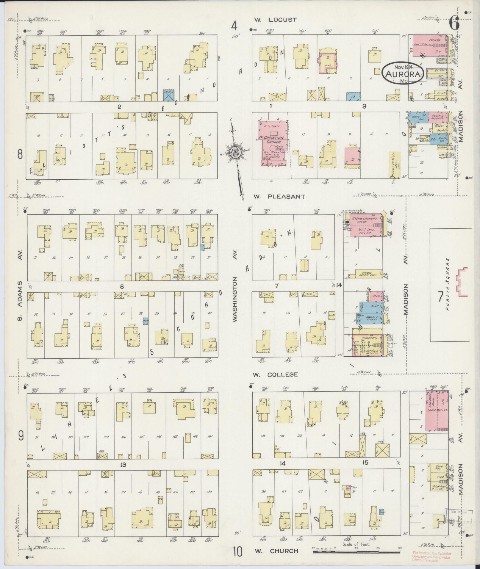 Sanborn Fire Insurance Map from Aurora, Lawrence County, Missouri (1914), Sheet #0006 - Complete Map Set gallery image, historic Sanborn map, vintage wall art, Missouri Missouri