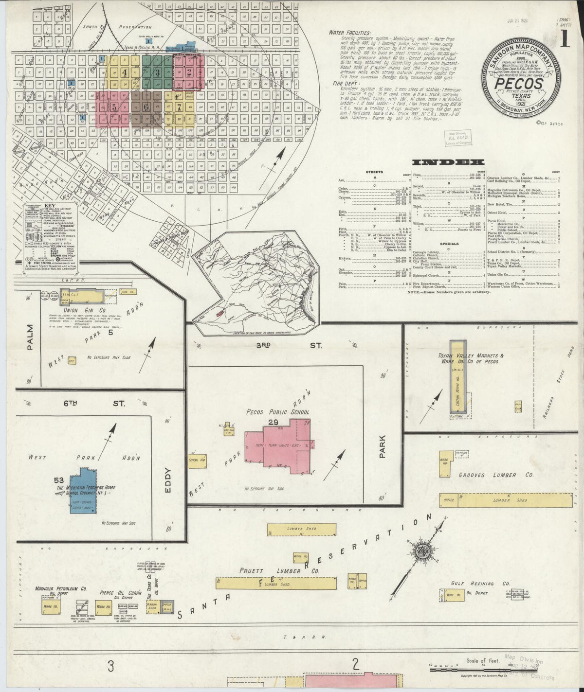Sanborn Fire Insurance Map from Pecos, Reeves County, Texas (1921), Sheet #0001 - Historic Sanborn Fire Insurance Map Print, vintage old map wall art, antique decor, genealogy gift, Texas Texas map