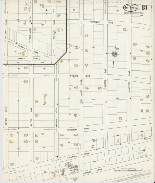 Sanborn Fire Insurance Map from Bay Shore, Suffolk County, New York (1915), Sheet #0018 - Historic Sanborn Fire Insurance Map Print, vintage old map wall art, antique decor, genealogy gift, New York New York map