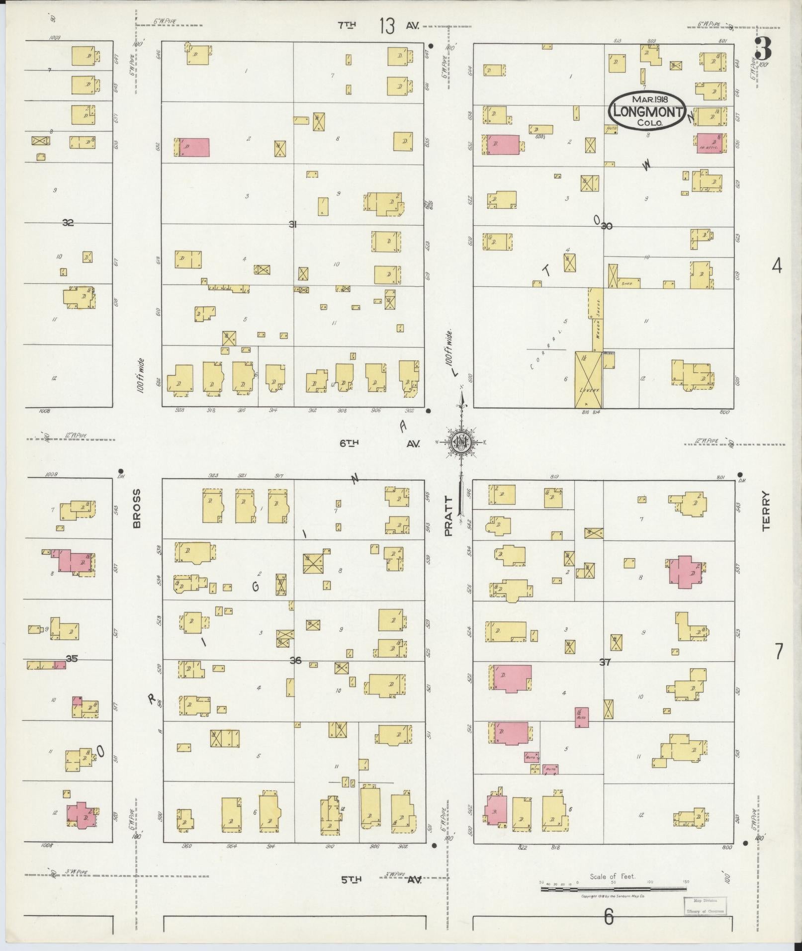 Sanborn Fire Insurance Map from Longmont, Boulder County, Colorado (1918), Sheet #0003 - Complete Map Set gallery image, historic Sanborn map, vintage wall art, Colorado Colorado