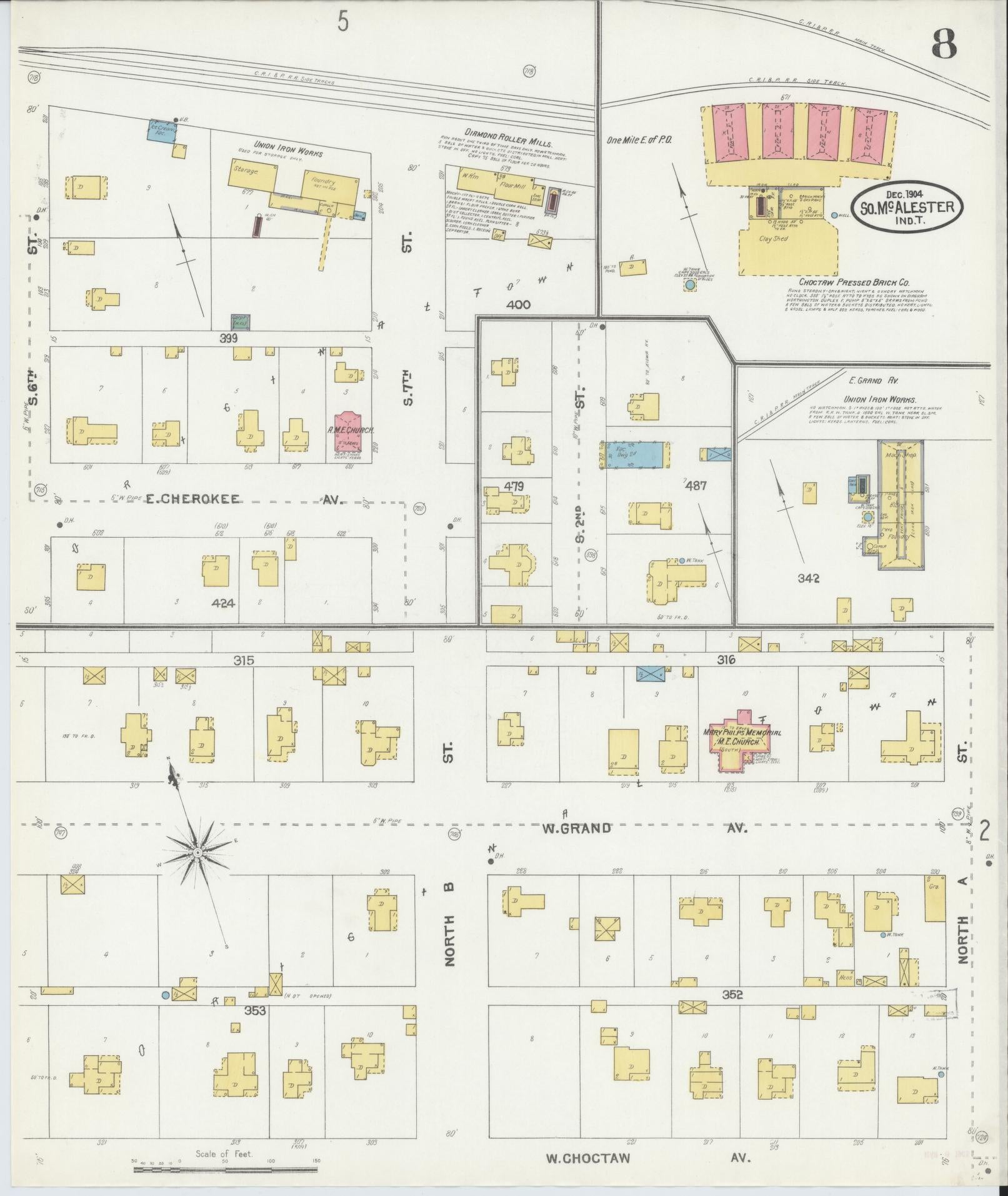 Sanborn Fire Insurance Map from South McAlester, Pittsburg County, Oklahoma (1904), Sheet #0008 - Complete Map Set gallery image, historic Sanborn map, vintage wall art, Oklahoma Oklahoma