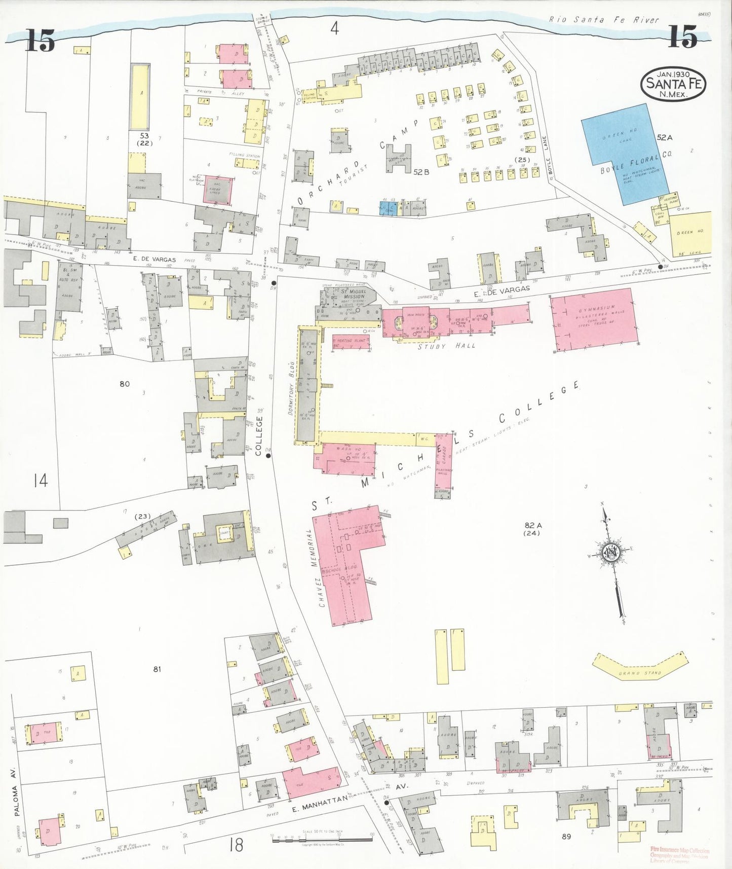 Sanborn Fire Insurance Map from Santa Fe, Santa Fe County, New Mexico (1930), Sheet #0015 - Complete Map Set gallery image, historic Sanborn map, vintage wall art, New Mexico New Mexico