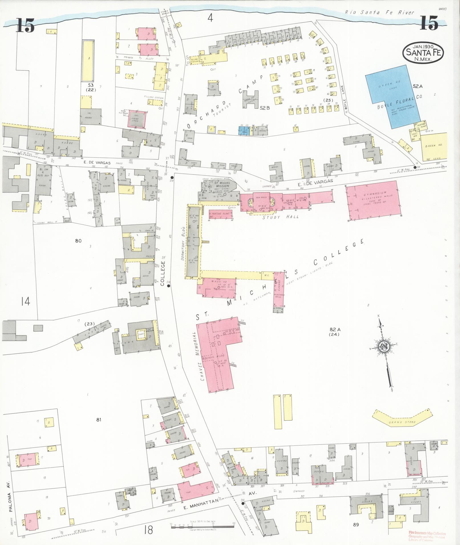 Sanborn Fire Insurance Map from Santa Fe, Santa Fe County, New Mexico (1930), Sheet #0015 - Complete Map Set gallery image, historic Sanborn map, vintage wall art, New Mexico New Mexico