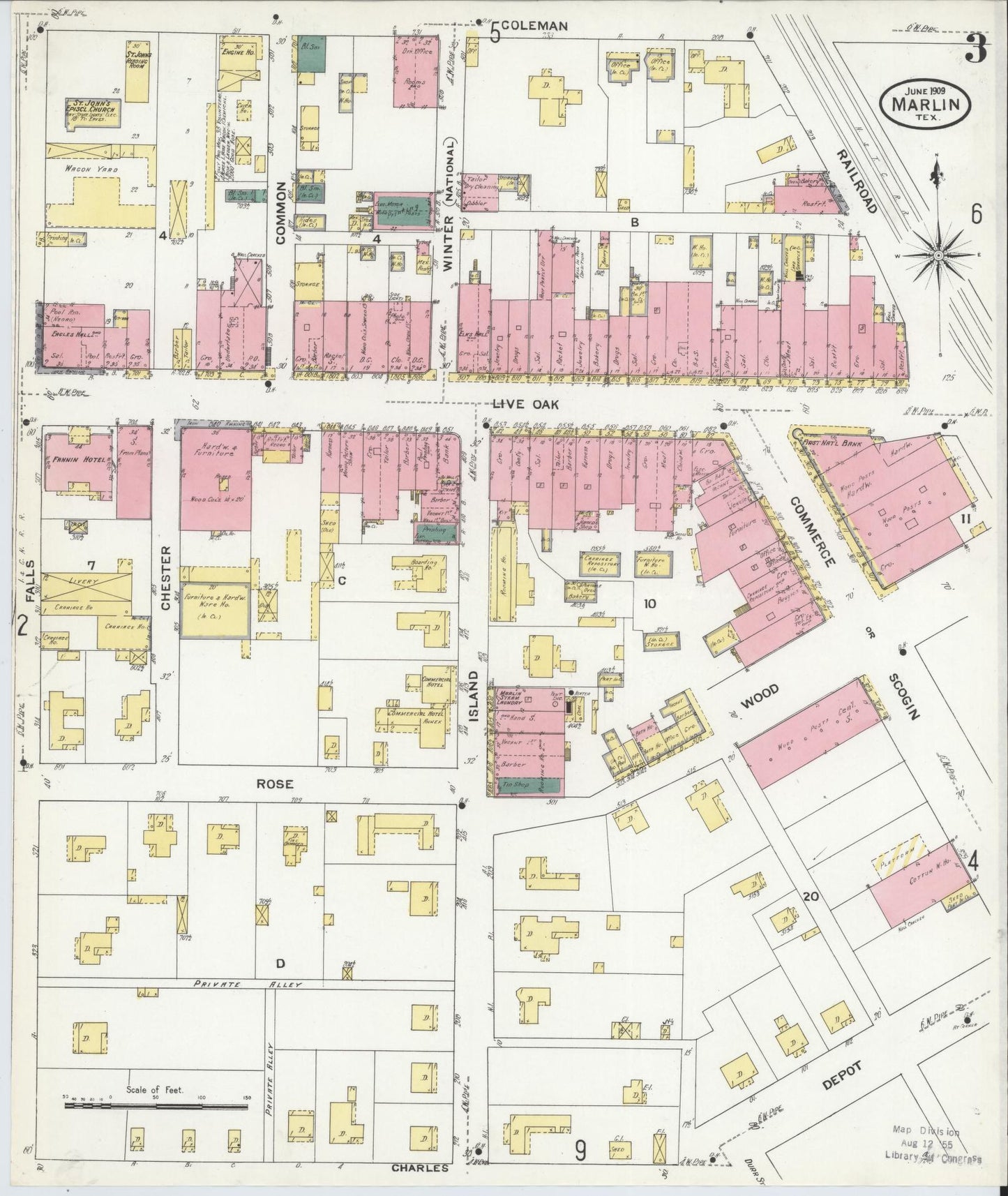 Sanborn Fire Insurance Map from Marlin, Falls County, Texas (1909), Sheet #0003 - Historic Sanborn Fire Insurance Map Print, vintage old map wall art, antique decor, genealogy gift, Texas Texas map