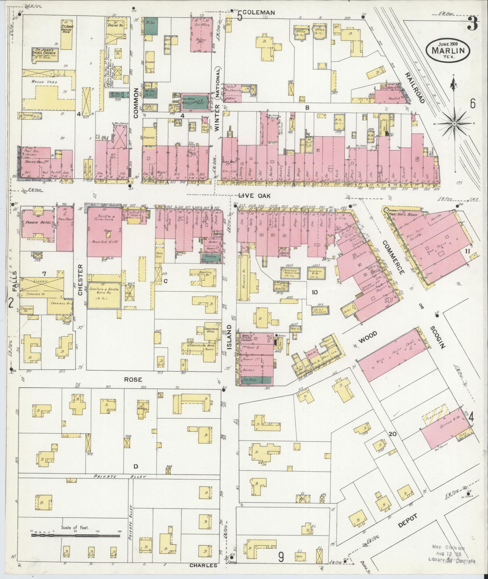 Sanborn Fire Insurance Map from Marlin, Falls County, Texas (1909), Sheet #0003 - Historic Sanborn Fire Insurance Map Print, vintage old map wall art, antique decor, genealogy gift, Texas Texas map