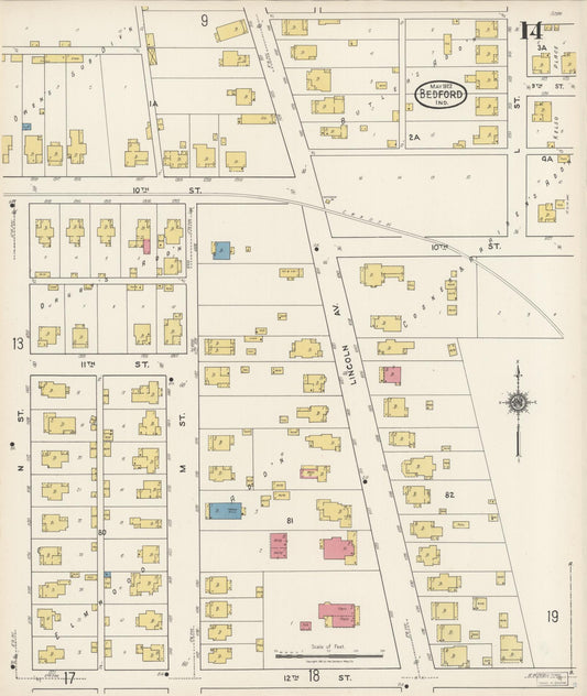 Sanborn Fire Insurance Map from Bedford, Lawrence County, Indiana (1922), Sheet #0014 - Historic Sanborn Fire Insurance Map Print, vintage old map wall art, antique decor, genealogy gift, Indiana Indiana map
