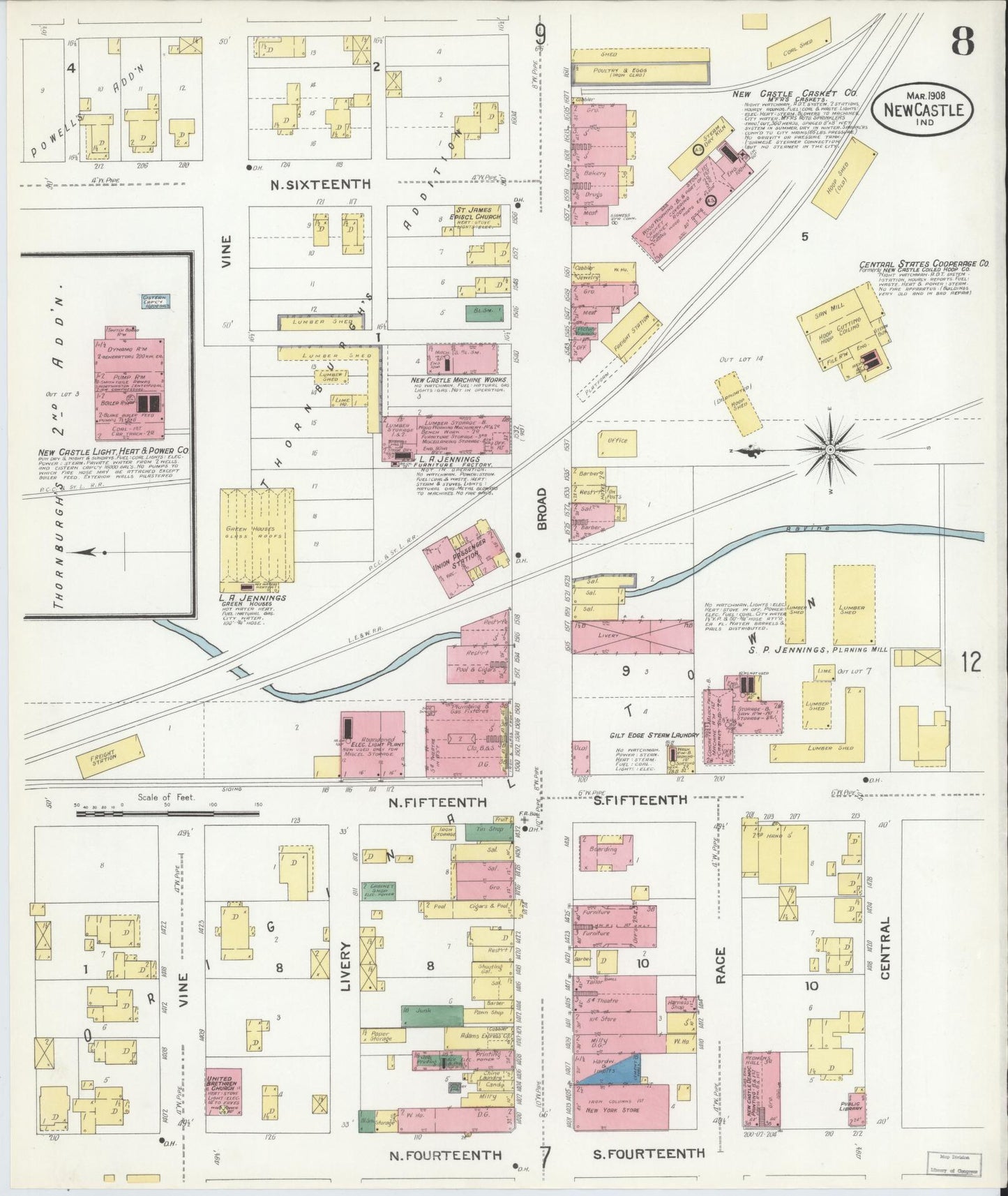 Sanborn Fire Insurance Map from New Castle, Henry County, Indiana (1908), Sheet #0008 - Historic Sanborn Fire Insurance Map Print, vintage old map wall art, antique decor, genealogy gift, Indiana Indiana map