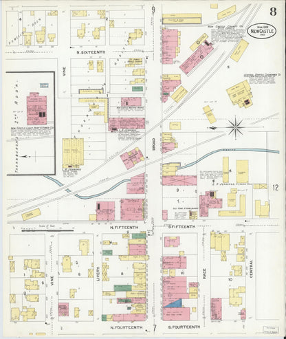 Sanborn Fire Insurance Map from New Castle, Henry County, Indiana (1908), Sheet #0008 - Historic Sanborn Fire Insurance Map Print, vintage old map wall art, antique decor, genealogy gift, Indiana Indiana map