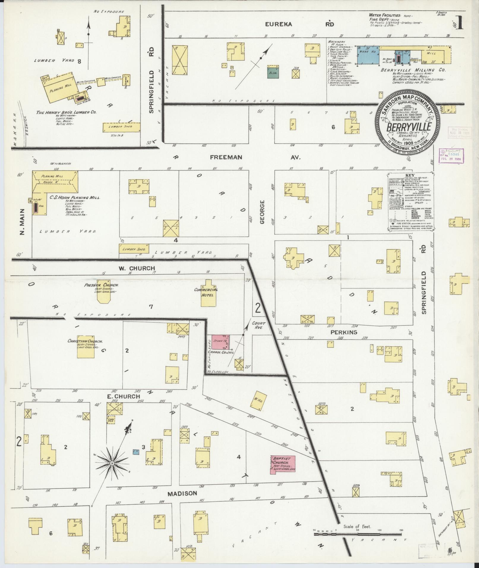 Sanborn Fire Insurance Map from Berryville, Carroll County, Arkansas (1909), Sheet #0001 - Historic Sanborn Fire Insurance Map Print, vintage old map wall art, antique decor, genealogy gift, Arkansas Arkansas map